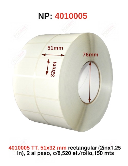 transferencia termica, 51x32mm rectangular (2inx1.25in), 2 al paso, c/8,520 et./rollo, 150 mts. 4010005, posline, barware