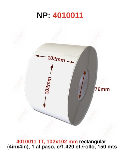 transferencia termica , 102x102mm Cuadrada  (4inx4in), 1 al paso, c/1,420 et./rollo, 150 mts, 4010011, posline, barware