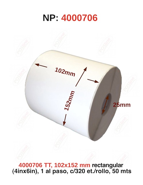 transferencia termica , 102x152mm rectangular (4inx6in), 1 al paso, c/320 et./rollo, 50 mts., 4000706, posline, barware
