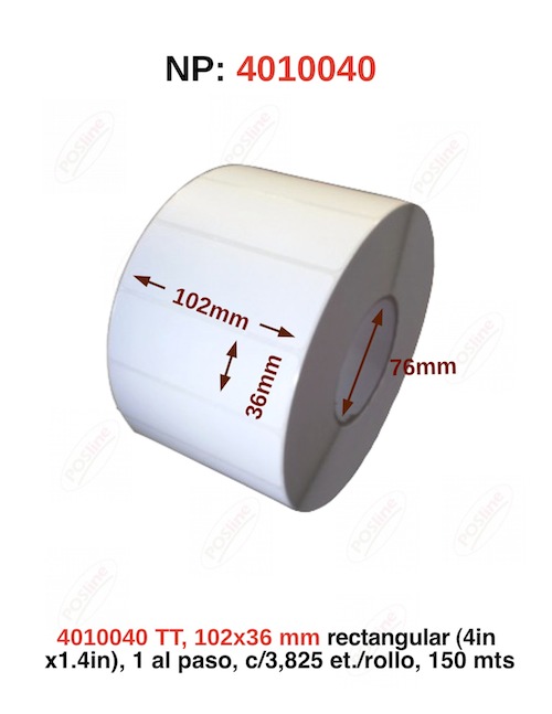 transferencia termica , 102x36mm rectangular  (4inx1.4in), 1 al paso, c/3,825 et./rollo, 150 mts., 4010040, posline, barware