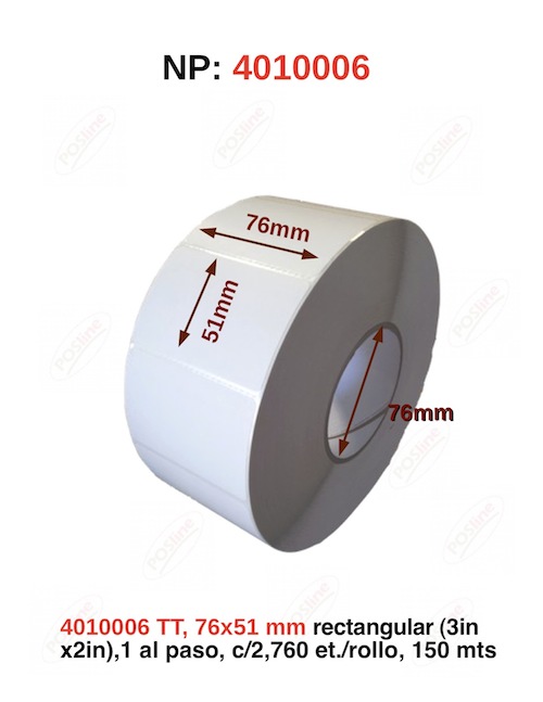 transferencia termica , 76x51mm rectangular (3inx2in), 1 al paso, c/2,760 et./rollo, 150 mts., 4010006, posline, barware