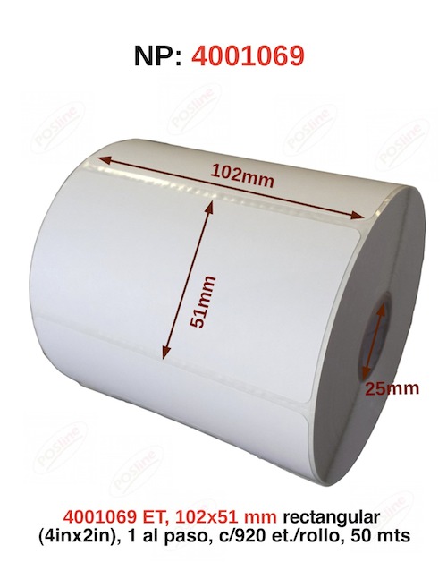 etiqueta termica , 102x51mm rectangular (4inx2in), 1 al paso, c/920 et./rollo, 50 mts. 4001069, posline, barware